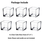 Square Glass Vases Set of 6 – Hewory 5"x5" Clear Cube Flower Vase Candle Holders for Wedding Centerpieces Home Decor Events Party Ceremony (Not Include Flower and Candle)