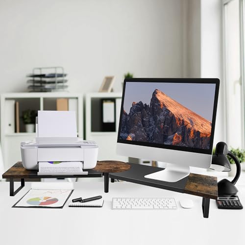 Across-Star Dual-Monitor Stand for Desk - Large Adjustable Length and Angle Riser for 2 Monitors, Double Computer Desktop Organizer, Shelf for TV, Laptop, Printer - color: Rustic Brown, size: 30.3-40.5‘’L*9.45‘’D*4.9‘’H