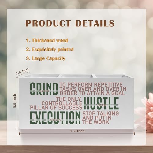Motivational Office Pencil Pen Holder for Desk, Grind Hustle Execution Wooden Pencil Holder Organizer for Home Office Desk Accessories, Encouragement Gifts for Women - color: Color-Desk accessories white 16