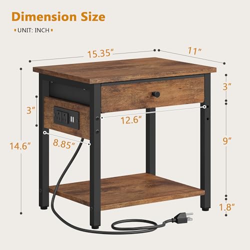Gewudraw Printer Stand with Charging Station, 2-Tier Under Desk Printer Table, Side Table with Storage Shelves for Home Office, Living Room, Bedroom, Bathroom, Brown - color: Rustic Brown, size: 2 layer & CS