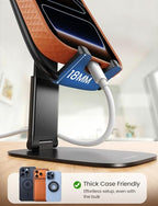 Lamicall Foldable Cell Phone Stand for Desk - [Ultra Thin] Portable Travel Holder, Height Adjustable, Weighted Metal Base, Thick Case Friendly for iPhone 17 16 15 Pro Max, Galaxy S26, Gift Mothers Day - color: A-Black