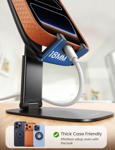 Lamicall Foldable Cell Phone Stand for Desk - [Ultra Thin] Portable Travel Holder, Height Adjustable, Weighted Metal Base, Thick Case Friendly for iPhone 17 16 15 Pro Max, Galaxy S26, Gift Mothers Day - color: A-Black