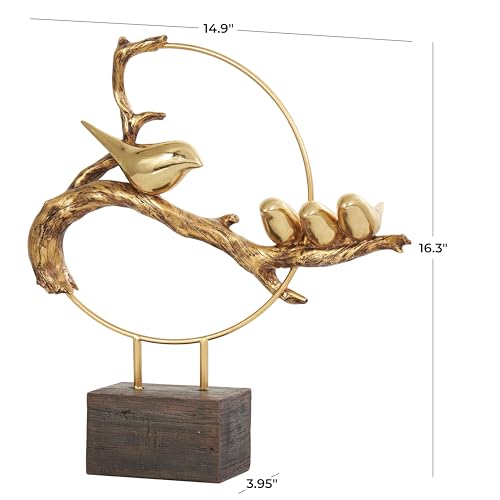 Deco 79 Polystone Bird Decorative Sculpture Family On A Branch Home Decor Statue with Brown Block Base, Accent Figurine 15" x 4" x 16", Gold