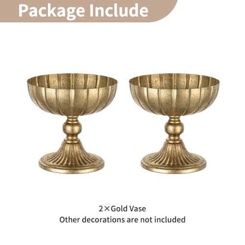 NUPTIO Gold Compote Vase for Centerpiece: 7.95" Tall Pedestal Footed Bowl for Flowers - Distressed Brass Urn for Wedding Table Decorative Set of 2 - size: 8.15"H - 2pcs