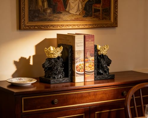 Black Lion Head Bookends with Regal Design, Solid Resin for Heavy Duty Book Support, Non-Slip Pads for Stability, Gift for Lion Enthusiasts Collectors - color: Black