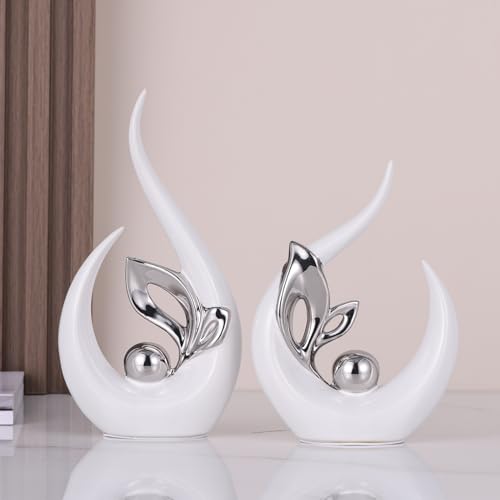 9.4" H White Silver Abstract Sculptures Home Decor, Ceramic Art Statue Cool Stuff to Put on Shelves&tv Stand Decor, Silver Accent Entertainment Center, for Fireplace Coffee Table Dining Table Decorate - color: White Silver, size: 9.4in/H