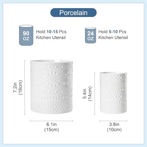 LOVECASA Utensil Holder, 7.2"+5.4" Ceramic Utensil Holder for Countertop, Large Cooking Utensil Crocks for Kitchen Counter, Farmhouse Utensil Vase for Housewarming, Kitchen Decor, Set of 2, Snow - color: Snow, size: 7.2"+5.4" (Set of 2)