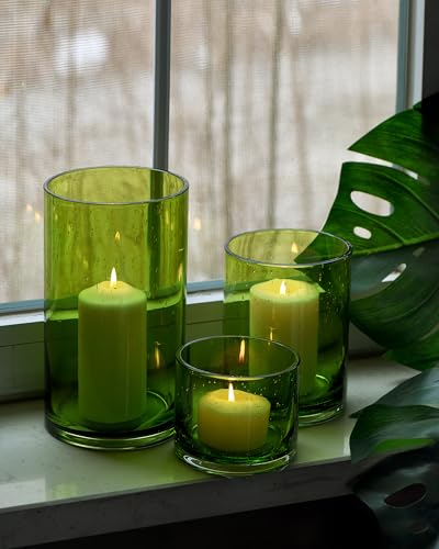 ARIAMOTION Hurricane Candle Holders Set 3, Spring Green Glass with Seeded Bubbles, Pillar Candle Holders Bulk,Cylinder Vase Centerpieces 10" 7" 4" Height