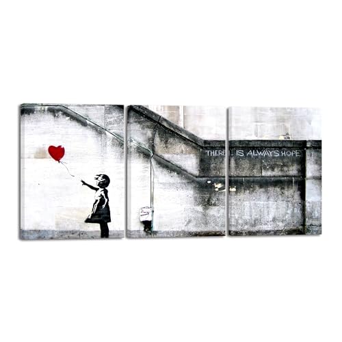 Wieco Art Banksy Grafitti Girl with Red Balloon Modern 3 Piece Famous Canvas Paintings Wall Art Inspirational Grey Love Pictures Print Artwork for Dining Room Kitchen Home Office Decor - color: Girl with Red Balloon, size: 12 x 16 inches (Unframed)