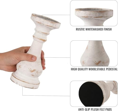 CedarLux Rustic Pillar Candle Holder, 8.5 Inch Tall White Wooden Candlestick Holders, Farmhouse Candle Stands for Pillar Candle, Decorative Wood Candlestick Holders for Living Room, Table Centerpiece - size: 8.5"H