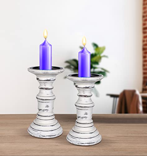 Farmhouse Wooden Candle Holders (Set of 2) - 7.5" Tall Pillar Stands, Antique Finish, Rustic Vintage Decor, Shabby Chic Home Accent, Decorative Centerpieces for Table - Antique White - color: White Antique, size: 7.5 Inch