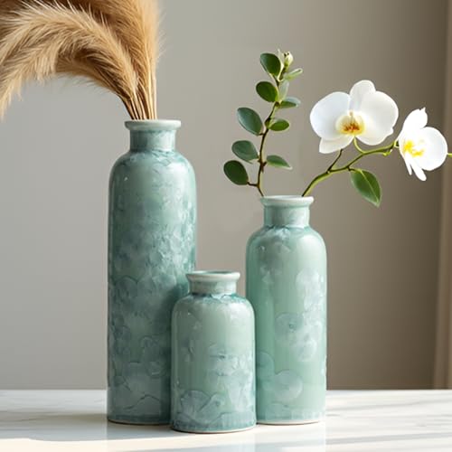 Modern Ceramic Vase Set of 3, Green Crystalline Glaze Colors, Decorative Bottles for Home, Farmhouse Rustic Decor Housewarming Gifts, Wedding Gifts, Birthday Gifts for Women(Crystalline Glaze Green) - color: Crystalline Glaze Green