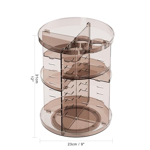 Rotating Makeup Organizer Countertop, DIY Adjustable Trays Spinning Skincare Organizers, Cosmetic Display Shelf with Perfume & Brush Holder, Multi-Function Desk Storage Carousel for Vanity Bathroom - color: Clear Coffee
