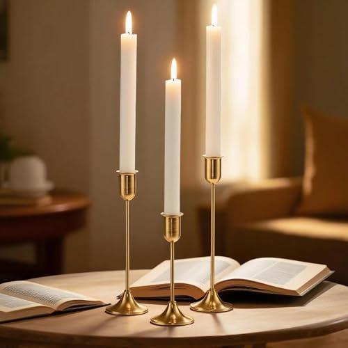 6 Pcs Brass Gold Candle Holders Set, Candelabra Tall Candle Stand, Metal Taper Candlestick Holders for Dining, Table Centerpieces & Vintage Home Decor– Housewarming Gift, Mantel Decor - color: Gold (6 Pcs)