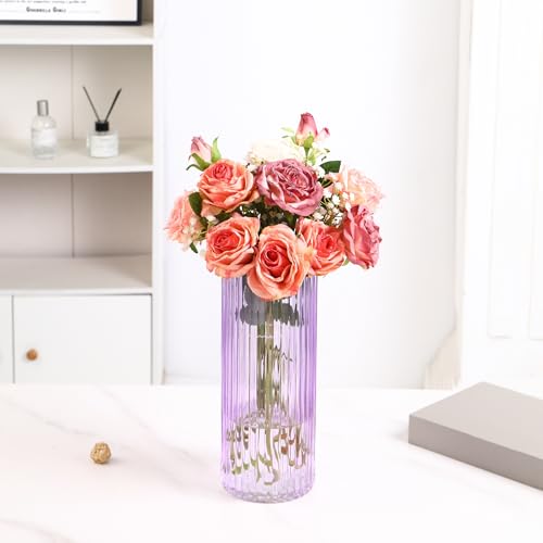 Purple Glass Vase for Flowers, Ribbed Glass Vase for Tulips, Modern Purple Vases, Tall Cylinder Glass Vases for Living Room, Bedroom, Dining Table, Office, Wedding, Bookshelf, 12 Inches - color: Purple, size: 12''