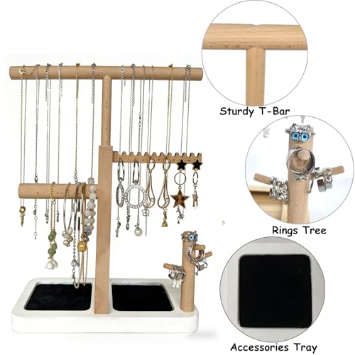 Solid Wood Jewelry Tower Organizer - 3-Tier Tree Holder Stand with 11 Earring Holes, 2 T-bar for bracelets Necklace or watches, Ring Tree & Display Tray (White) - color: White