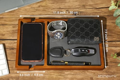 Shinpuru Wooden Valet Tray for Men, Nightstand Organizer with Leather Inlay, EDC Essentials Catchall Tray for Keys, Phone, Wallet, Watch, Earbuds - Bedside Desk Entryway Tray (Wood-Phone) - color: Brown-Ph