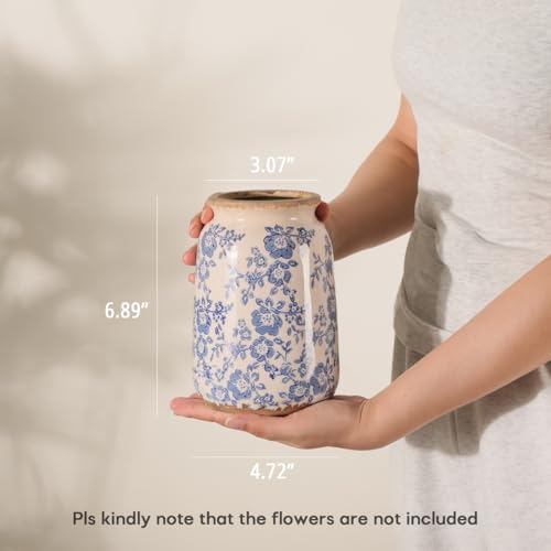 Ronasip Vintage Blue and White Chinoiserie Ceramic Vase, 6.9” Hand-Painted Peony Floral Design, Antique Style Vases for Home Decor, Centerpieces, Living Room, Balcony (Blue and White) - color: Blue and White