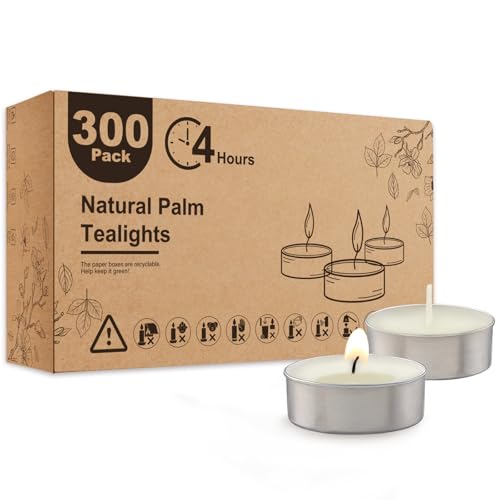 Ashlux Unscented Palm Tea Lights Candles 300 Pack Bulk, 4.5 Hours Long Burning White Tea Lights,Non-Paraffin, Smokeless, Mini Tealight Candles for Wedding, Christmas Lights, Party, Power Outages - size: 300 Pack, style: 4 Hours