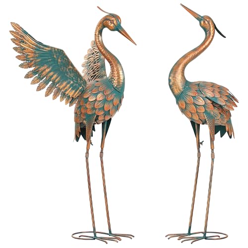 Extra-Large Metal Crane Statue, 36.8" Handcrafted Blue Heron Decor Sculptures with Stable U-Ground Stakes, Backyard Decoration, Metal Garden Bird Animal Yard Art, Lawn Ornament Decor - color: 36" -Weathered Copper Blue