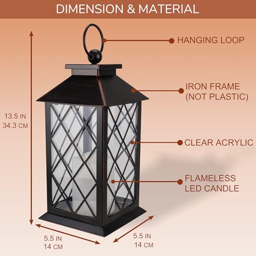 HOSY 13" Metal Vintage Lantern with Pillar Flameless Candles, Battery Operated Decorative Hanging Retro Iron Lantern with LED Plastic Candle (Bronze) - color: Bronze