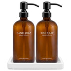 Vine Creations Amber Glass Soap Dispenser Set, Kitchen Soap Dispenser Set with Ceramic Tray, 16 oz Dish Soap and Hand Soap Dispensers with Stainless Steel Pump Decor (Amber Bottle/Matte Black) - color: Amber Bottle / Matte Black Pump