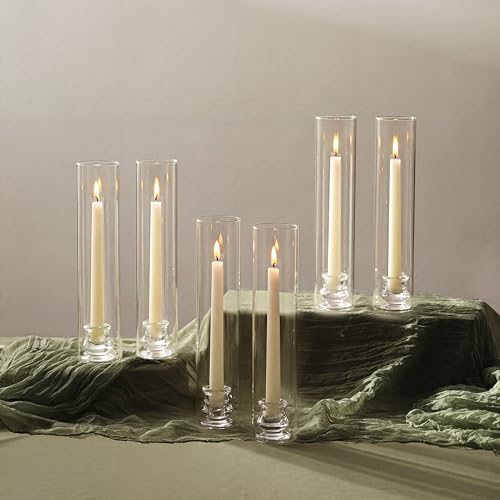 NUPTIO Candle Stick Candle Holder: Set of 6 Glass Hurricane Taper Candleholder - Bulk Candlestick Stand with Tall Cylinder Chimney for Thanksgiving Christmas Holiday Table Decoration