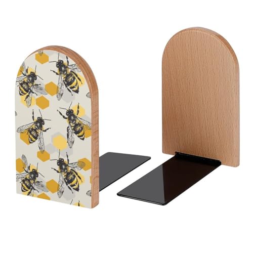 Bees Yellow Gray Honeycomb Book Ends Decorative Wood Bookends for Shelves Kids Room Desk Home Office Book Stoppers for Books, DVDs, 1 Pair/2 Pieces(5x3.1 in) - color: Bees Yellow Gray Honeycomb