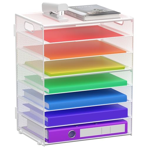8 Tier Paper Letter Tray Organizer with Handles, Mesh Desk File Holder Storage Organization for Home School Classroom & Office (White) - color: White