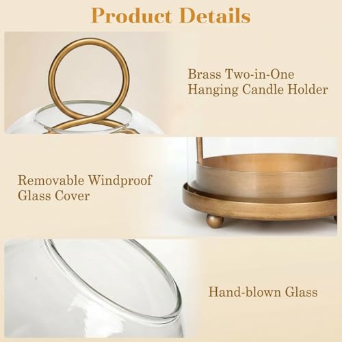 Hurricane Glass Candle Holders Set (5.1"×11.2" & 4.3"×7.7"), Metal Candle Holder with Hook Chains, Handmade Cloche Glass Dome & Antique Brass Candle Holder, for Pillar Candles, Floral Arrangements