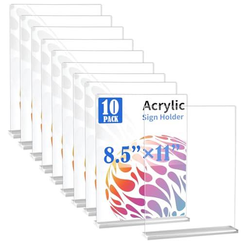 10 Pack Acrylic Sign Stand 8.5 X 11, Vertical T-Shape Clear Plastic Display, Double-Sided Clear Table Top Sign Holder, Suitable for Office, Store