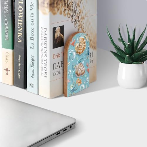 Turtle Conch Pattern Book Ends Decorative Wood Bookends for Shelves Kids Room Desk Home Office Book Stoppers for Books, DVDs, 1 Pair/2 Pieces(5x3.1 in) - color: Turtle Conch Pattern
