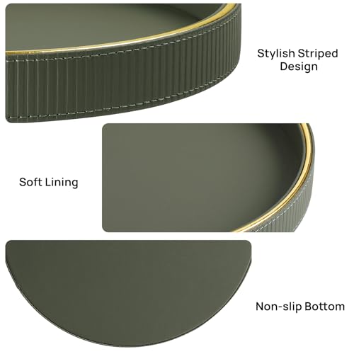 Round Decorative Tray for Coffee Table Decor, PU Leather Coffee Table Tray Golden Trim for Home Decor Living Room Dining Table, Perfume Trays Nightstand Organizer (Green) - color: Green