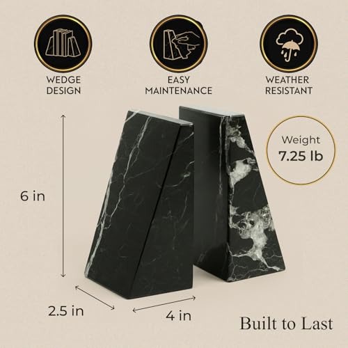 Bey-Berk Whitney Zebra Marble Bookends (Black, Set of 2), 4" x 2.5" x 6" Heavy Wedge Book Ends for Desk, Shelf, or Office - color: Black