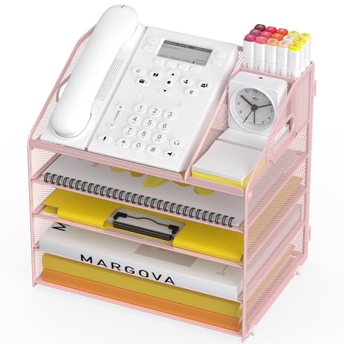 Letter Tray Paper, 5 Tier Desk Organizer with Pen Holder and Handle, Mesh File Organizer Paper Sorter Metal Desktop Document Shelf for Office Home Classroom - Pink - color: 5 Tier-pink