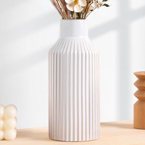 STHIE White Ceramic Flower Vase, 8 Inch Rustic Farmhouse Minimalist Vases Home Decor, Small Pampas Grass Vases for Table Living Room Bookshelf Bedroom Bathroom Kitchen (White Beige) - color: 1 White Beige