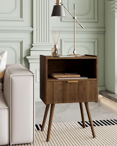 Veegle Nightstand,Modern Bedside Table with Storage Drawer and Open Wood Shelf, Accent Night Stand with Solid Wood Legs for Living Room, Bedroom and Small Spaces,Easy Assembly (Walnut Brown) - color: Walnut Brown