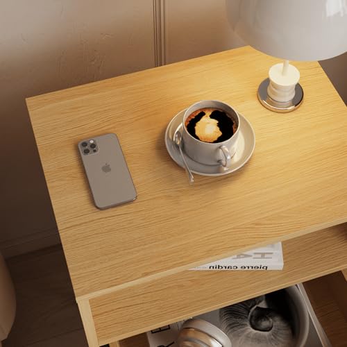 JOONEE Rattan Nightstand,Farmhouse Bedside Table with 2 Storage Drawer and Open Wood Shelf, for Bedroom and Small Spaces,Night Stand with Solid Wood Legs (Yellow Oak) - color: Yellow Oak