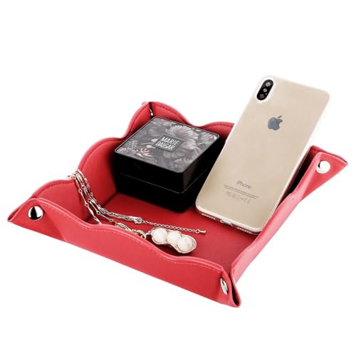 Valet Tray for Men Women - PU Leather Travel Catchall Tray Organizer - Desk Bedside Nightstand Storage Box for Jewelry Key Phone Remote Controller Wallet Watch Glasses Coin Readers -Red - color: Red