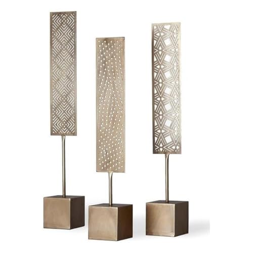 Pemberly Row Set of 3 Gold Metal Decorative Objects, Champagne Finish, Elegant Patterned Design, Modern Home Decor Accents, Sizes 4"x4"x28", 4"x4"x26", 4"x4"x24"