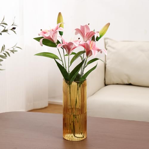 Amber Glass Vase, Flower Vase, Ribbed Glass Vase, Modern Vase for Flowers, Tall Glass Vase for Living Room, Dining Table, Office, Wedding, Bookshelf, 10 Inches - color: Amber, size: 10''