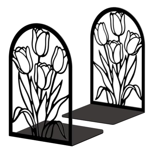 Peacoblue Metal Bookends for Shelves, Modern Decorative Heavy Duty Study Book Ends Stoppers for Office, Desk, Shelf, Room 5.3"x4.3"x7.9" Cast Iron Simple Tall Bookends 1 Pair (Tulips) - style: Tulips