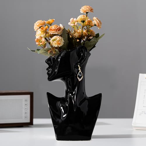 Face Vases with Earrings - Black Ceramic Art Vase, H 9.2 Inch, Glossy Finish, Female Modern Cool Vase for Flowers, Office Dining Table Home Ornaments - color: Black