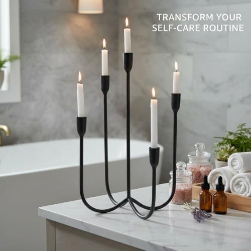 Candelabra for 5 Taper Candles – Hand-Forged Candle Holder with Elegant Vintage Finish – Decorative Centerpiece for Dining Room, Living Room or Mantel Decor（Black） - color: Black