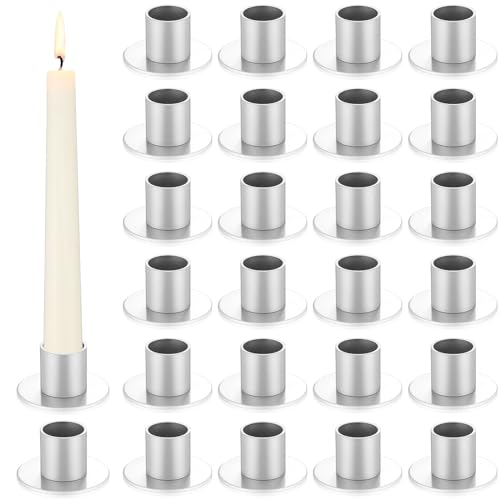 FoldTier 24 Pcs Silver Taper Candle Holders Bulk for Pillar Candles Metal Short Candlestick Holder Silver Centerpieces Decoration for Christmas Thanksgiving Anniversary Dinner Party - color: Silver
