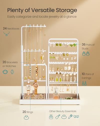 SONGMICS Jewelry Holder, Jewelry Storage Organizer Stand with Metal Frame, Velvet Tray, 12.1 to 18.7 Inches Tall Height Adjustable Necklace Holder, for Rings, Earrings, Matte White UJJS026W01 - color: Matte White