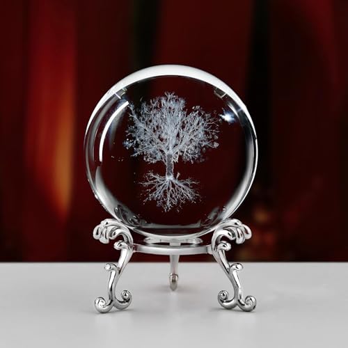 6cm Engraved Decor Sphere with Silver Metal Stand - Life Tree Tabletop Ornament