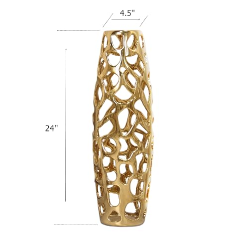 Ceramic Vase Large Floor Vase Handmade Ceramic Flower Holder Hand Carved Sophisticated Vessel for Decorative Branches and Dried Flowers 24 Inches Gold
