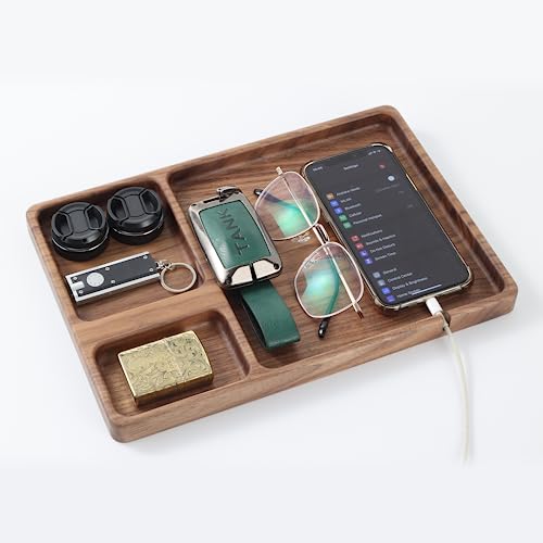 Walnut Wooden Valet Tray – Bedside Table Organizer for Men Dad, Edc Catch All Tray with Cable Slot (11.4 x 7.9 x 0.8 Inch)