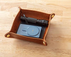 USA Handmade Premium Leather Valet Tray, Folds Flat! Dice Rolling Basket and Organizer with Brass Snaps (Chestnut and Blue Gold, Medium) - color: Chestnut and Blue Gold, size: 5" x 5" x 2"